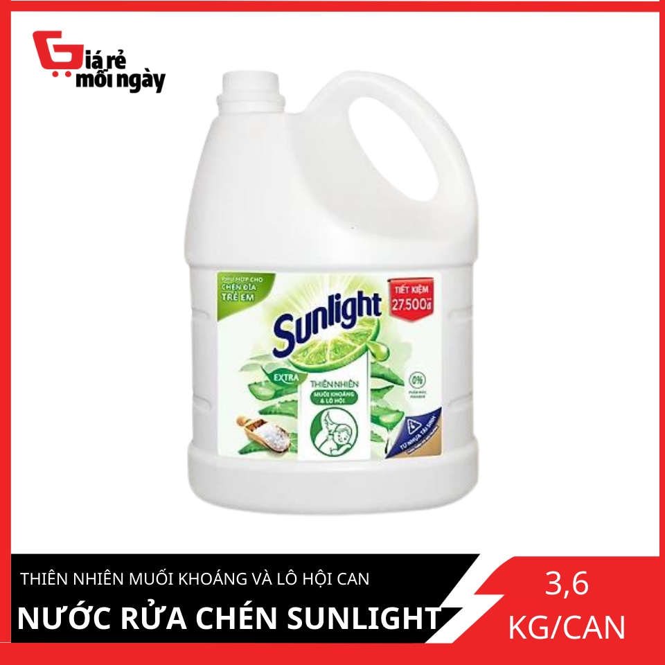 Nước rửa chén Sunlight Thiên nhiên Muối khoáng và lô hội Can 3.6KG