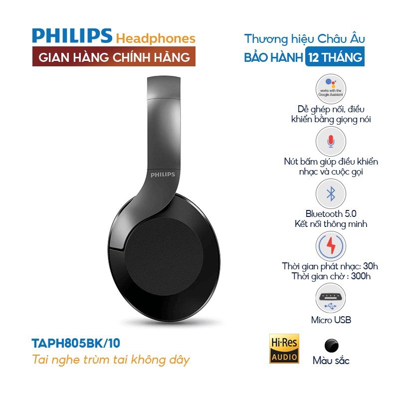 [Mã ELMALLAPR2 giảm 4% đơn 3TR] Tai nghe Philips Bluetooth Bass, Hi-Res Audio, Màu đen TAPH805BK/10-Chính hãng phân phối