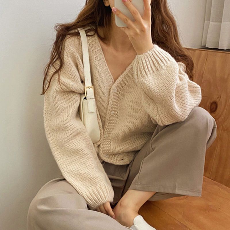 Áo Khoác Cardigan Dệt Kim Tay Dài Cổ Chữ v Màu Sắc Đơn Giản Cho Nữ