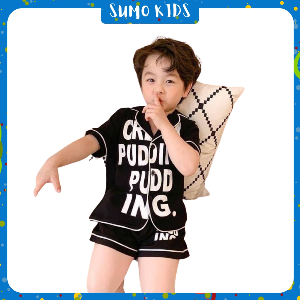 Đồ Bộ Pijama Cộc Tay Cho Bé Chất Lụa Cao Cấp In Chữ  SUMO KIDS, Đồ Ngủ Lụa Cộc Tay Trẻ Em Từ 6-27Kg