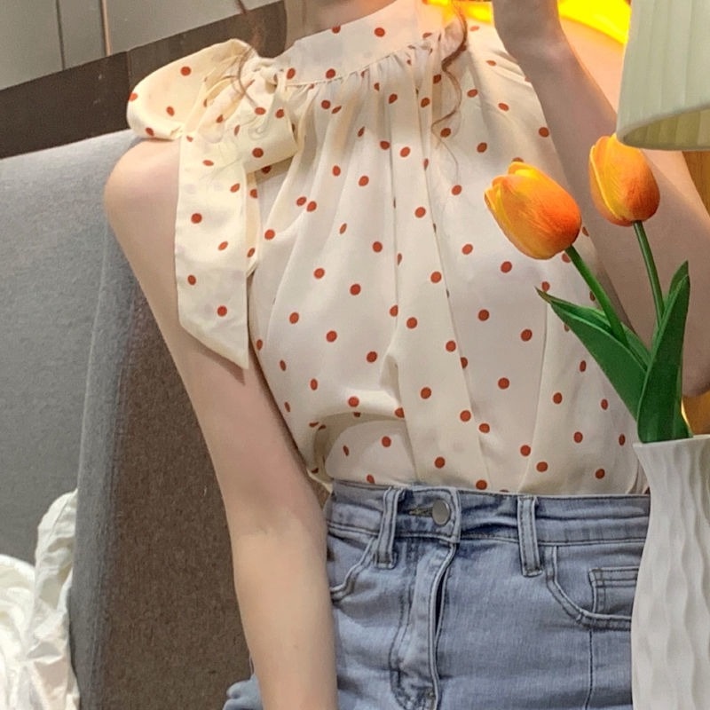 Áo Sơ Mi Sát Nách Cổ Yếm Họa Tiết Chấm Bi Thời Trang Mùa Hè Cho Nữ