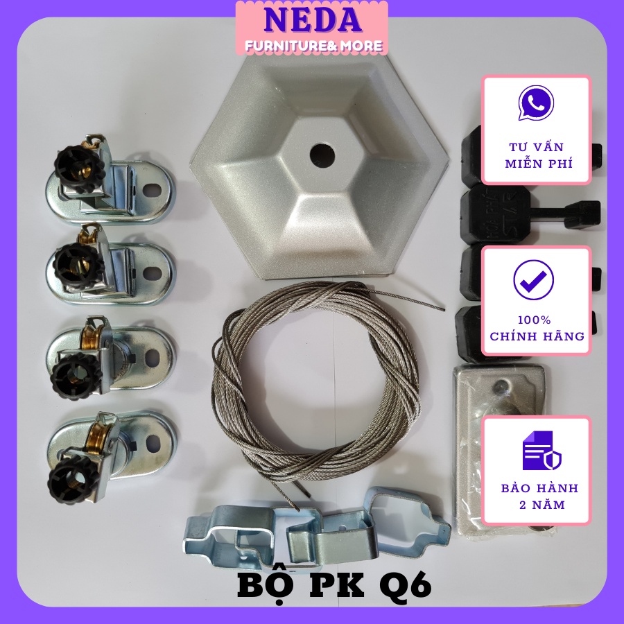 Phụ Kiện Giàn Phơi Thông Minh Hòa Phát Q6 CHÍNH HÃNG 100%, gồm: Dây cáp inox, Treo thanh, Dẫn hướng, Bịt đầu thanh...
