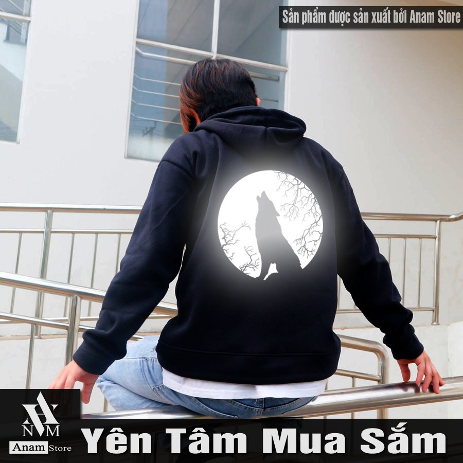 Áo hoodie dây kéo, Vải Nỉ Ngoại, Nam Nữ, Phản Quang Sói Hú, Anam Store