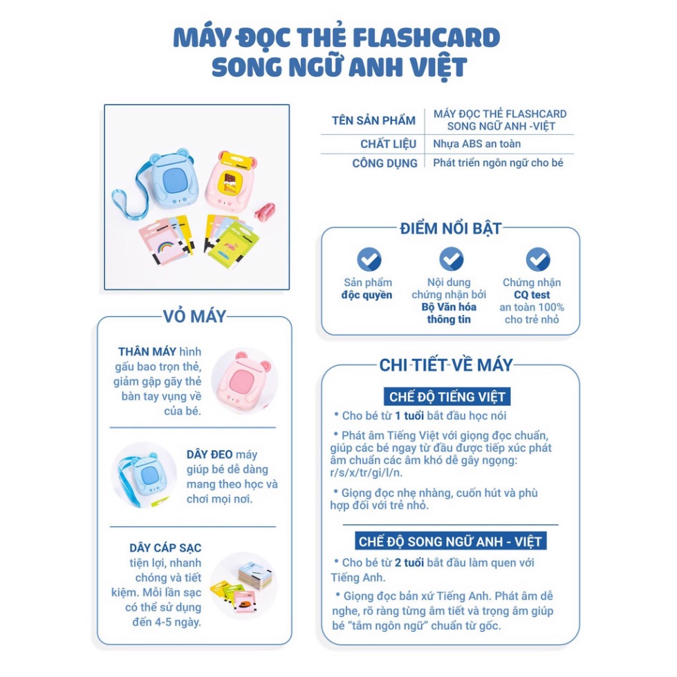 Máy đọc thẻ Flashcard song ngữ Anh Việt cho bé, bộ 112 thẻ học, 224 từ vựng