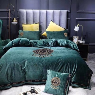 Bộ Chăn Ga Gối Nỉ Nhung Thêu 6Món Cao Cấp Versac Xanh