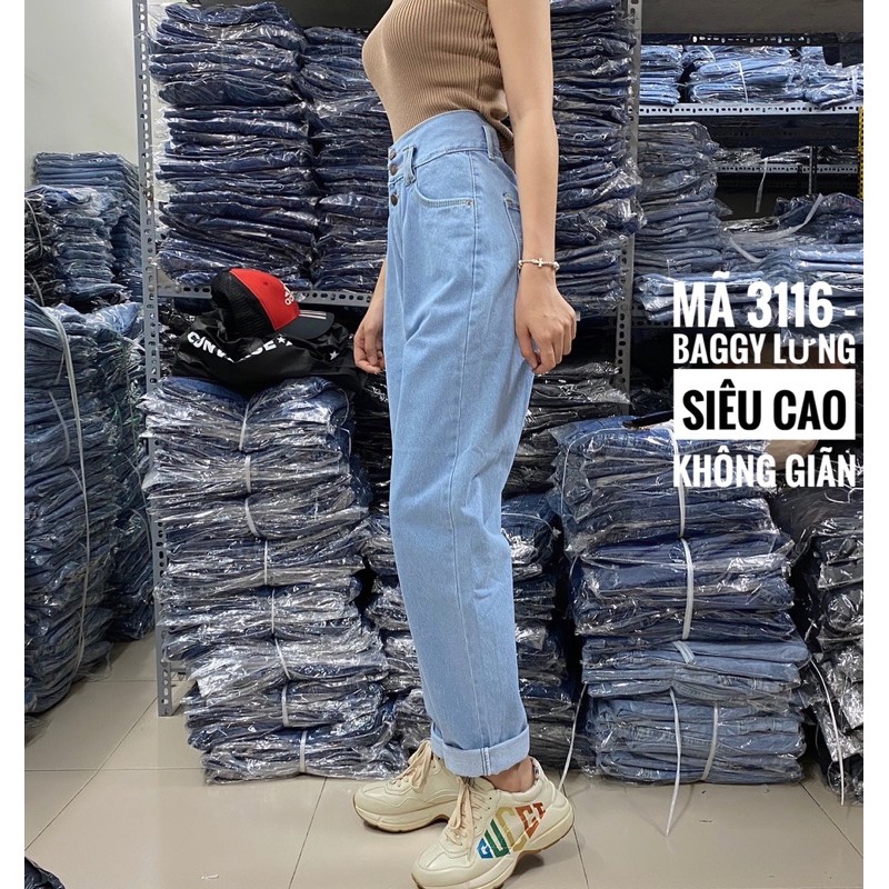 [Size 30-36] Quần Baggy Jeans Boyfriend - Lưng Siêu Cao, Không Giãn, Phối Nút Che Giấu Khuyết Điểm Lộ Dây Kéo