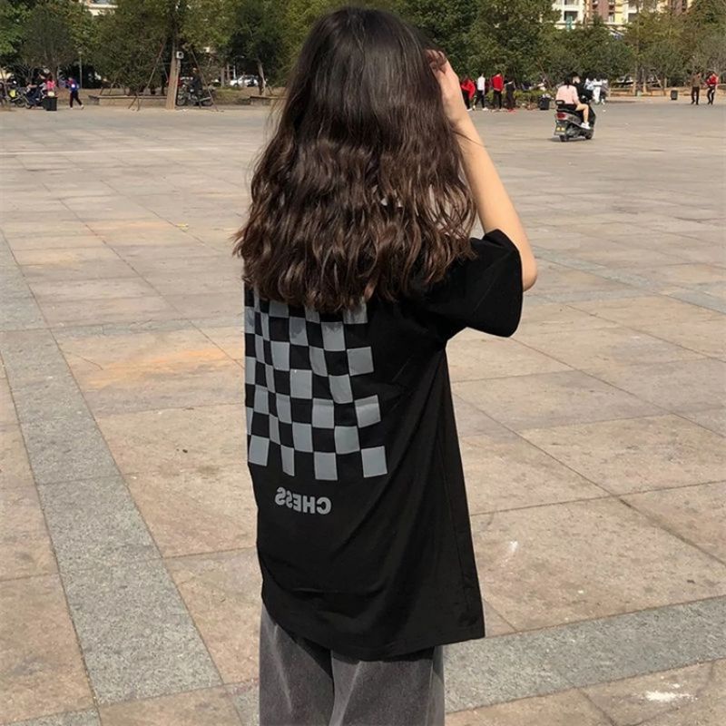 Áo Thun Tay Lỡ In Hình Caro Màu Đen , Áo Phông Unisex Nam Nữ Freesize