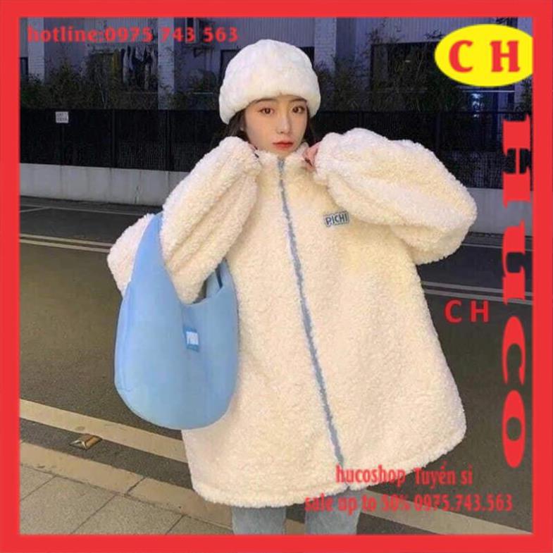 Áo khoác lông dài tay mềm chipi chữ thêu cổ trụ hai màu basic áo nỉ sweater nữ thu đông ulzzang freesize *