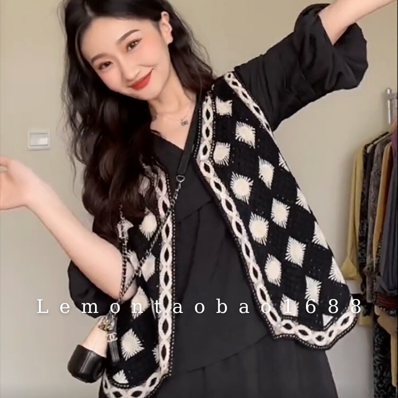 Áo Khoác Len Cadigan kẻ caro năng động, mix váy áo mùa thu Lemontaobao