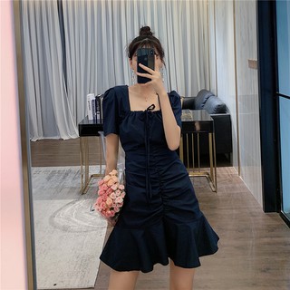 (ORDER) Váy cổ vuông xòe ngắn đuôi cá ôm body thiết kế dây rút xương cá nhăn nhún sang chảnh (HÀNG MỚI 2020)_