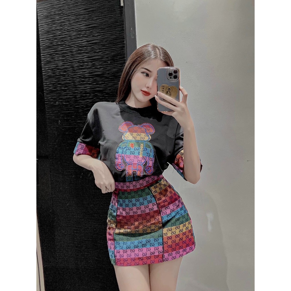 [8.8 Sales Freeship] Set áo thun cầu vòng in gấu mix chân váy kaki chữ A phối màu họa tiết cá tính dx