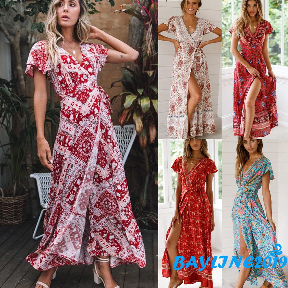 ❀ℳay-UK Womens V-Neck Floral Split Dress Boho Summer Beach Casual Long Sundress HUA