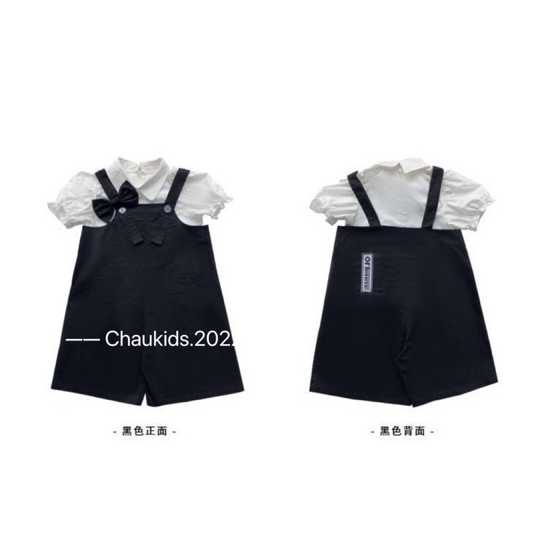 Set áo SMi tay bồng phối yếm kaki cho bé gái