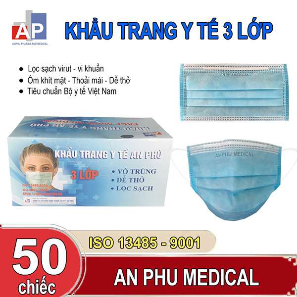 khẩu trang y tế AN PHÚ 3 lớp kháng khuẩn cao cấp , 50 cái / hộp