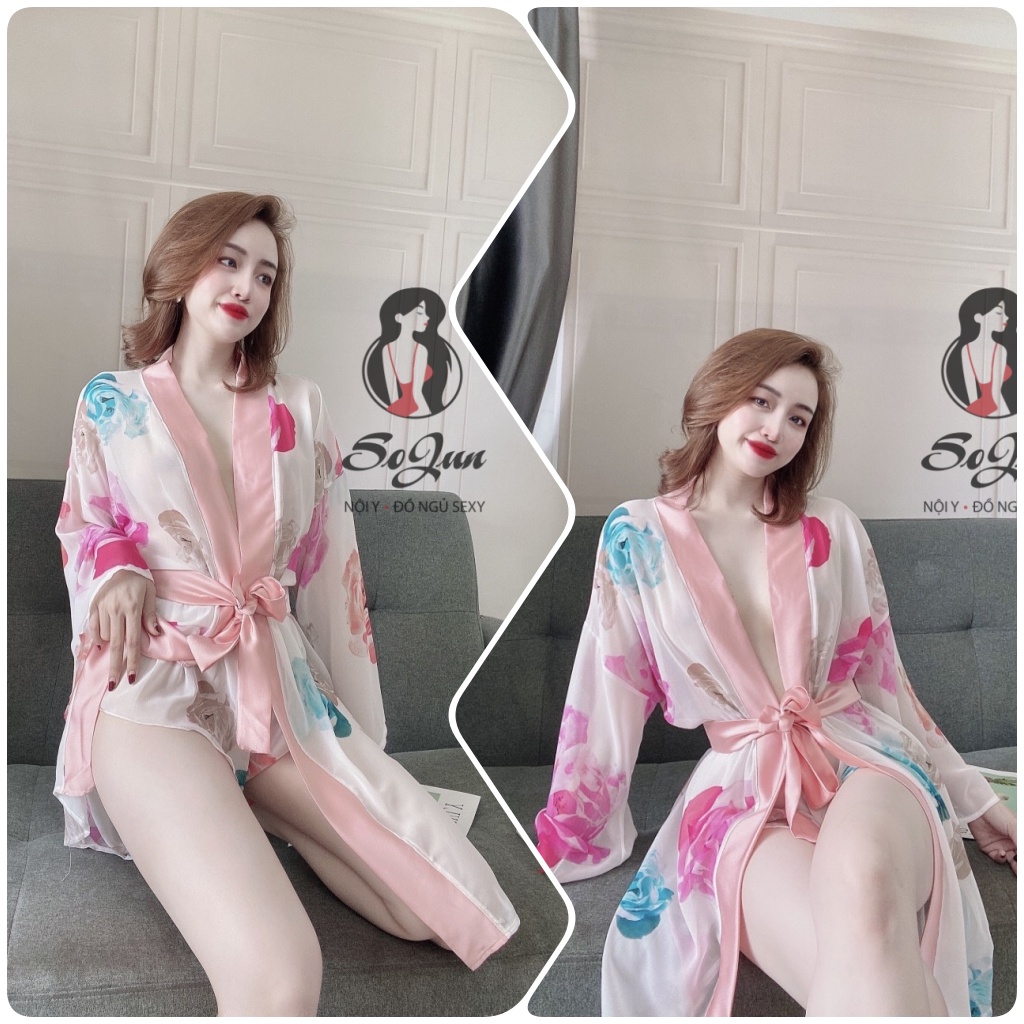 Áo choàng ngủ nữ ❣️❣️FREE SHIP❣️❣️ Áo choàng Voan phối satin kèm quần