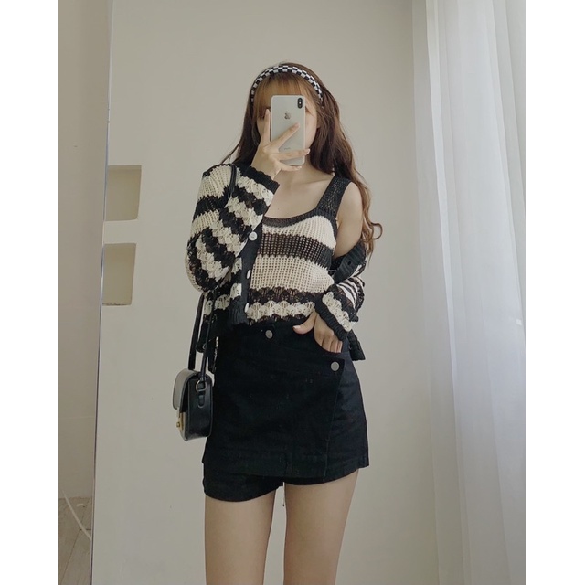 Set áo len mõng kèm cardigan kẻ sọc 999