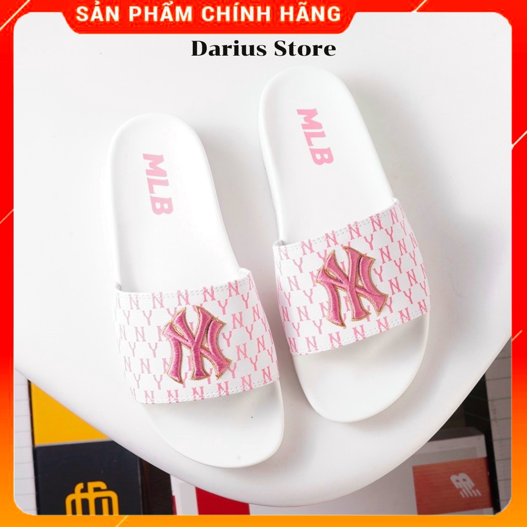 Dép 𝗠.𝗟.𝗕 𝗡𝗬 Quai Ngang Nam Nữ Unisex Siêu Hot Trend đủ size [ Fullbox + Hỗ trợ đổi size ] - Logo Thêu Chữ Màu HỒNG