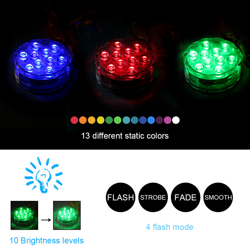 BORUiT 10 LED Điều khiển từ xa RGB Ánh sáng chìm Hoạt động dưới nước Ánh sáng dưới nước Bình hoa Bể cá Đèn hồ bơi