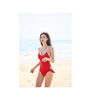 Bộ bơi liền trơn đỏ viền trắng
