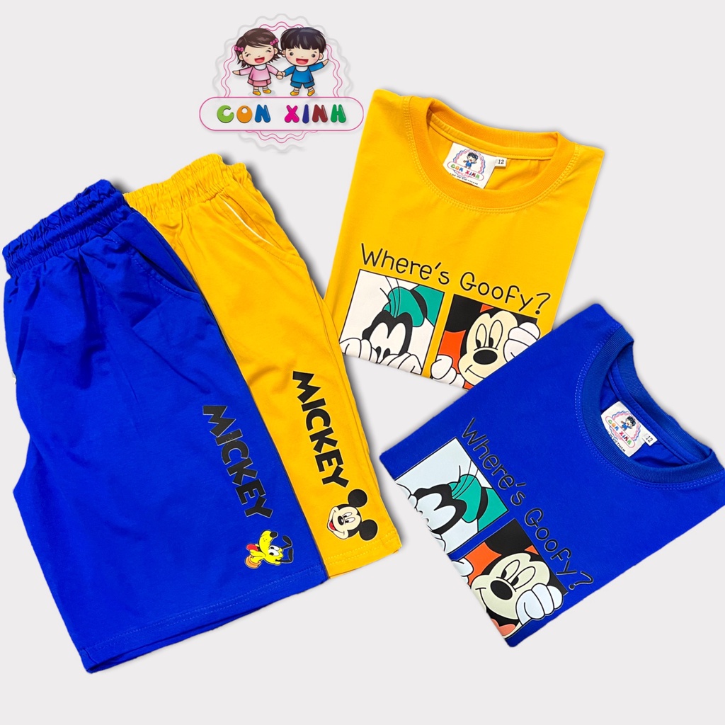 Đồ bộ bé trai Con Xinh cotton sát nách hình in 3 chú chuột MIC, thời trang mùa hè cho trẻ em từ 14 đến 45kg