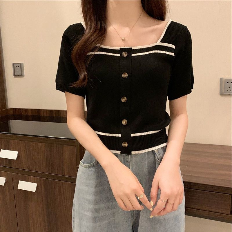 Áo Thun Dệt Kim Tay Ngắn Cổ Vuông Dáng Ôm Phong Cách Thời Trang Mới Dành Cho Nữ  tao bao