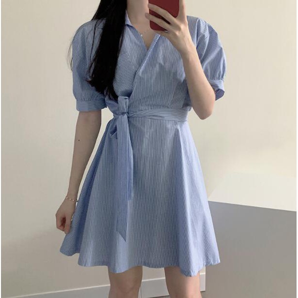 Đầm mini tay phồng cổ chữ V kẻ sọc xanh thời trang 35686