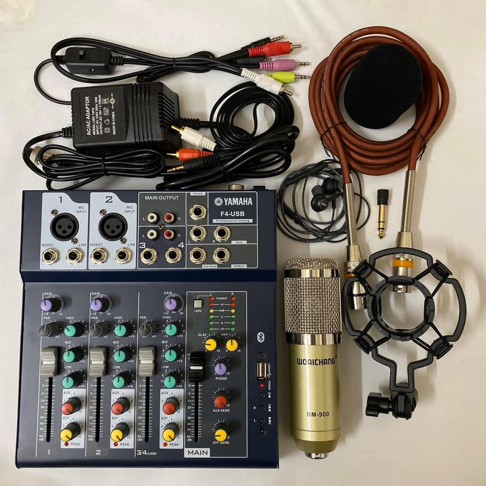 Trọn bộ thu âm livestream soundcard F4 và micro BM900 tặng kèm chân kẹp mic , màng lọc và dây livestream