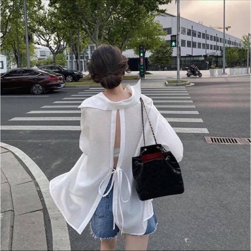 Áo sơ mi trắng oversize voan mỏng tay dài hở xẻ lưng dây cột trơn - Order taobao quảng châu
