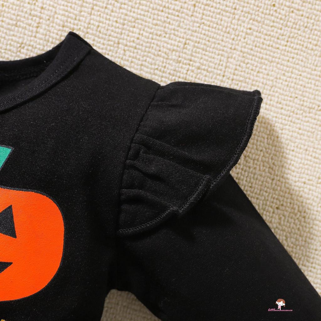 Đầm Tay Dài In Họa Tiết Mặt Bí Ngô Và Chấm Bi Đen Thời Trang Halloween Cho Bé Gái