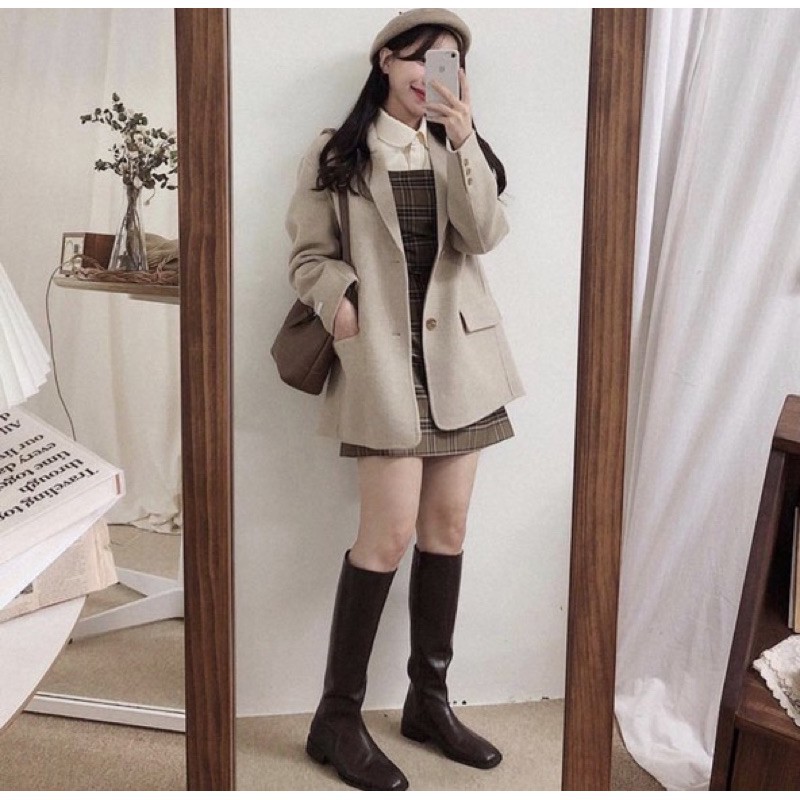 Áo khoác dạ nữ 2 lớp ulzzang dáng lửng ngắn chất dày dặn, áo khoác dạ nữ 2 lớp ngắn cổ sen phối lông trắng 2 hàng cúc