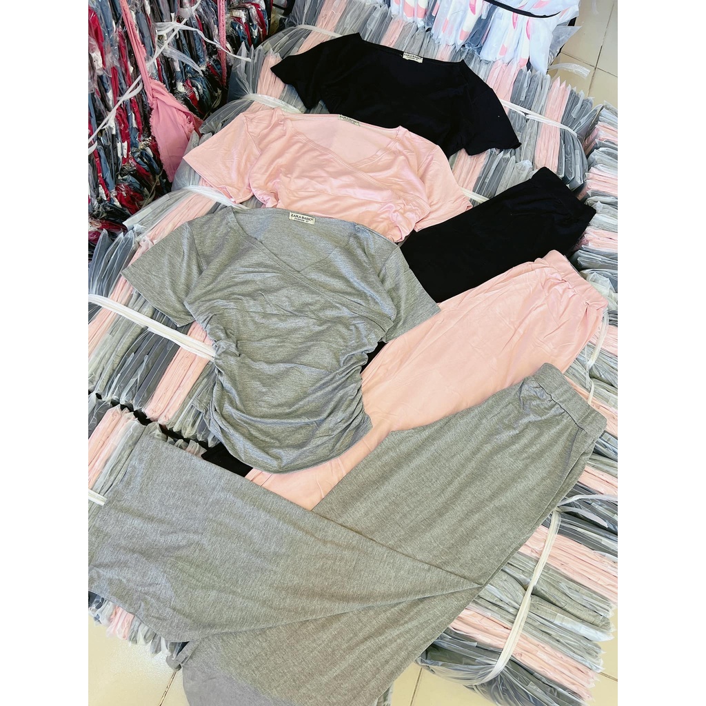 Đồ bộ nữ, set đồ bộ quần ống đứng và áo cổ tim ngắn tay nhúng 2 bên vải thun cotton lụa dẻo mềm mịn mát, đồ bộ mặc nhà
