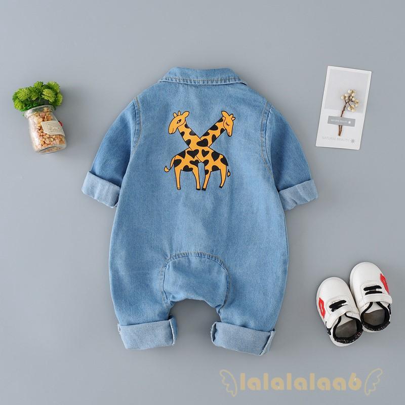 Romper liền mảnh denim in hình hươu cao cổ cho bé