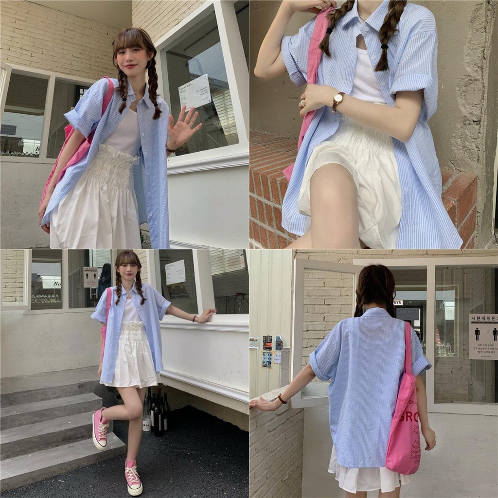 Áo sơ mi kẻ nhiều màu, áo sơ mi tay lỡ vải xốp ulzzang  - SM07FG
