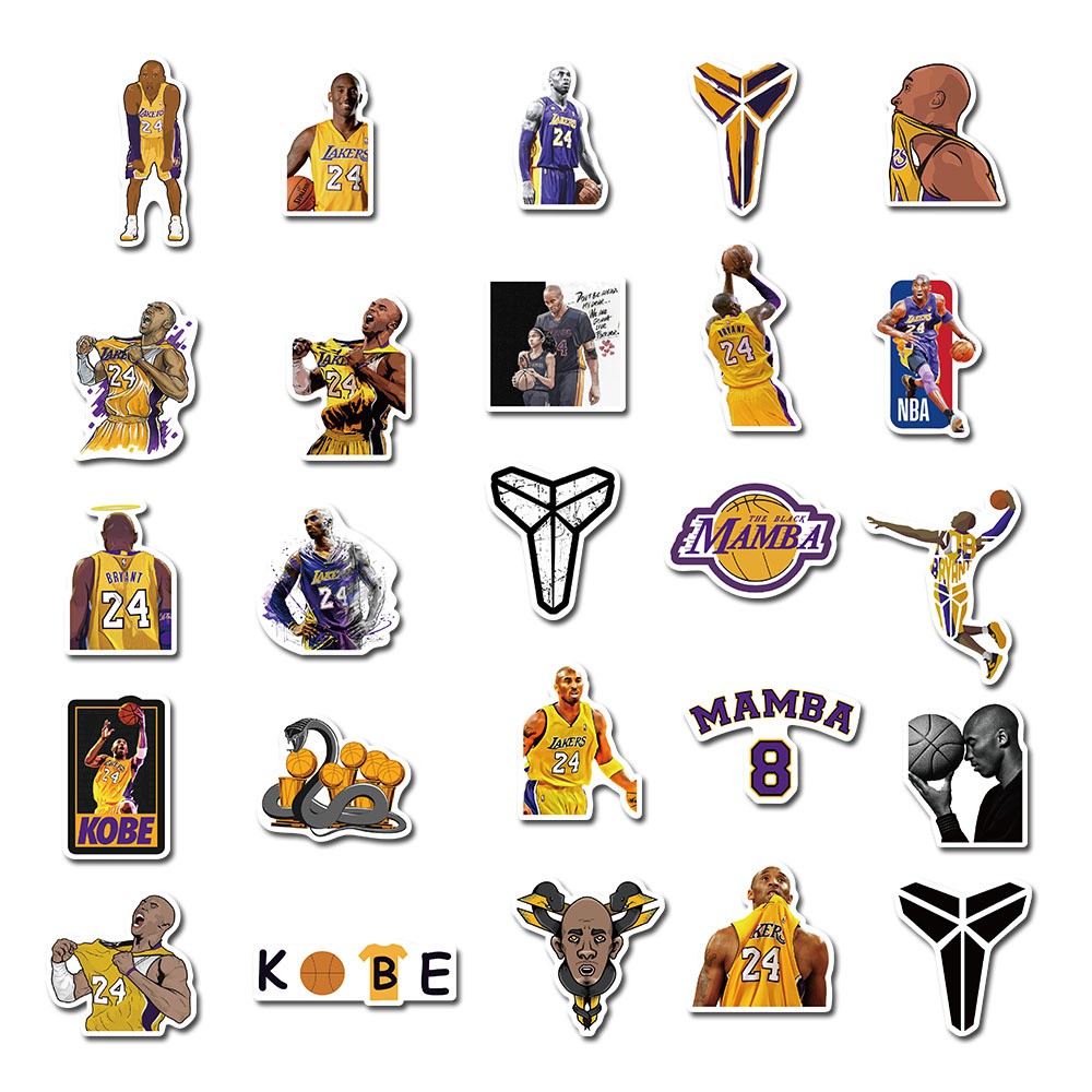 Sticker NBA Bóng Rổ, Bóng Đá Set 50  Hình Kobe Bryant Decal Dán Điện Thoại Laptop Sổ Xe Tường Mũ Bảo Hiểm Bình Nước