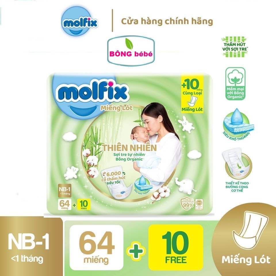 Miếng lót sơ sinh organic Molfix Newborn1 (dưới 1 tháng tuổi) - Gói 64+10