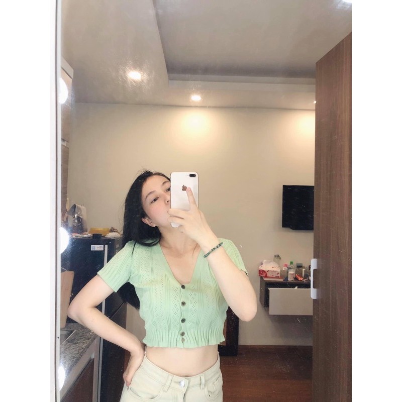 [SẴN][Video thật] Áo Khoác Cardigan len mỏng đục lỗ tay bèo dáng croptop tiểu thư