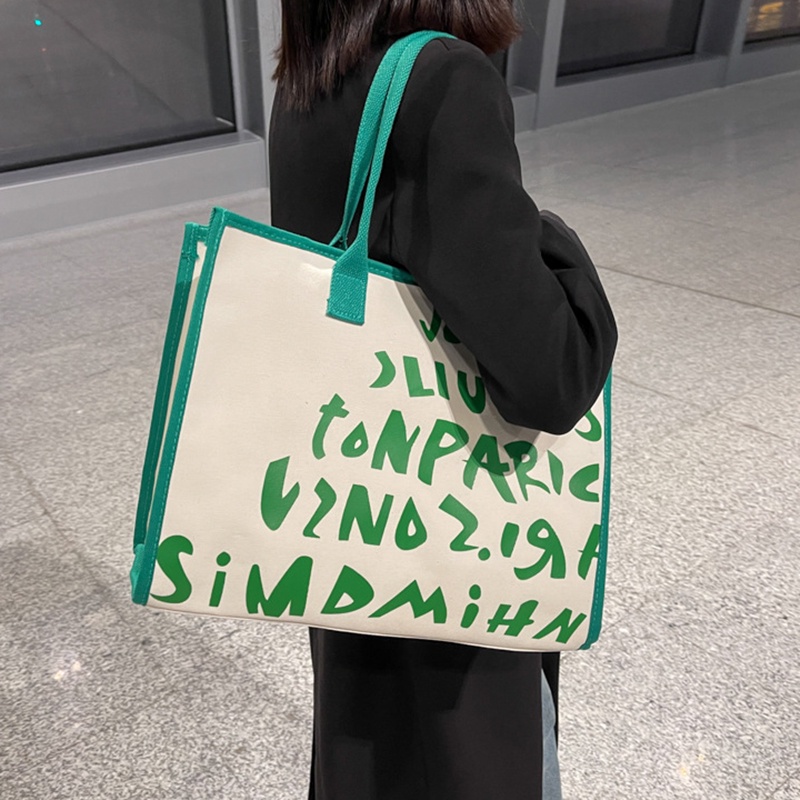 Túi Xách Đeo Vai Vải Canvas Cỡ Lớn In Chữ Tiện Lợi Cho Nữ