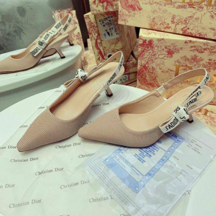 Sandal gót cong hở gót Diorr Slingback gót 5p đen nude