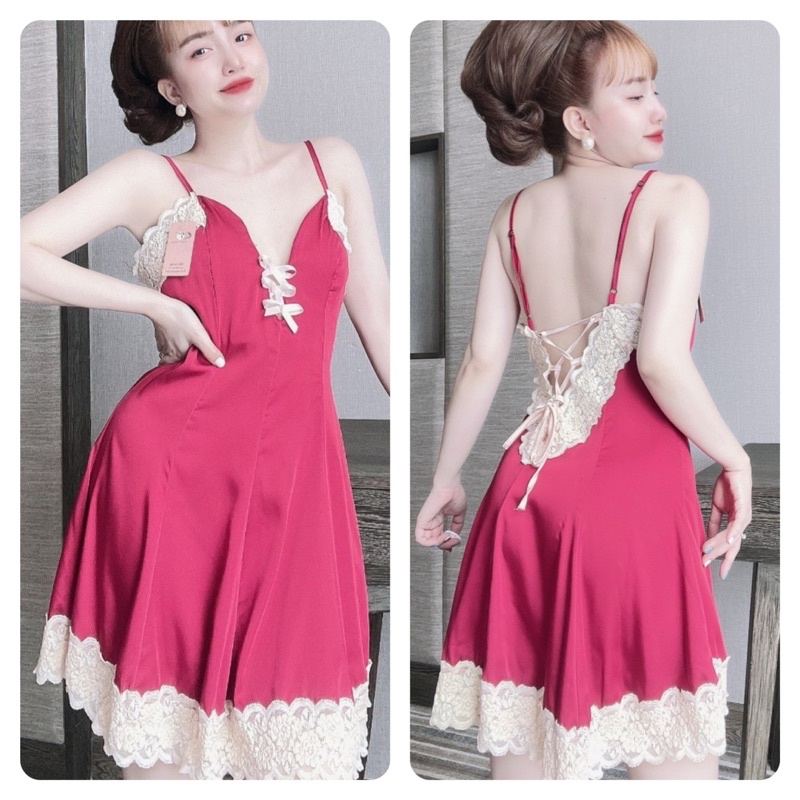 Đầm Ngủ Lụa 2 Dây Sexy Nữ, Váy Ngủ Nữ, Lụa Latin phối ren kèm mút + Quần, hình chụp thật, Freesize 40_60kg,tuỳ chiều cao