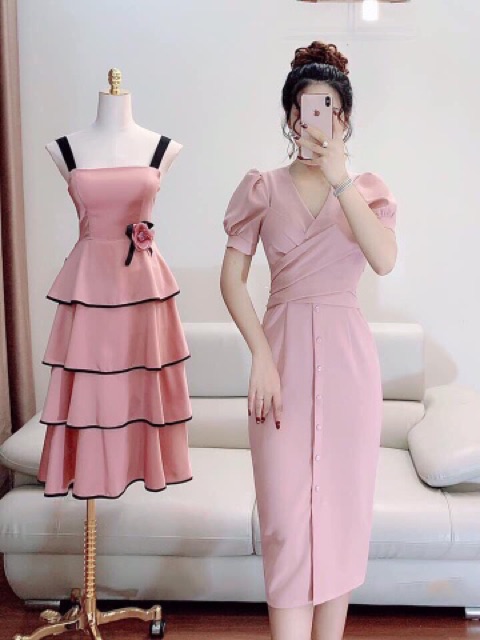 Đầm body nút hồng đắp chéo ngực cột nơ lưng đi tiệc sang đẹp