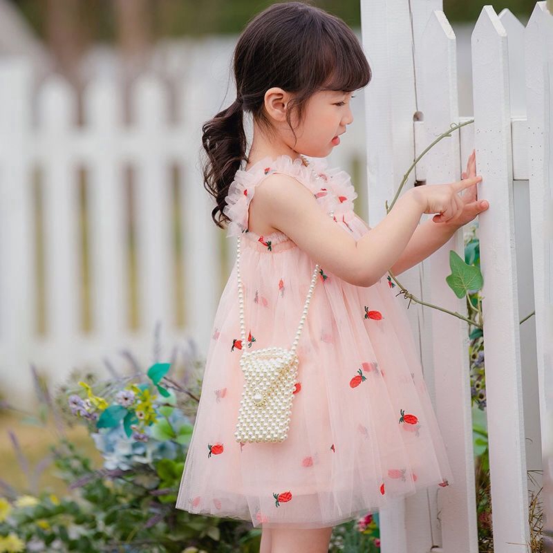 Đầm hai dây dáng xòe phối lưới thêu họa tiết hoa cúc thời trang xinh xắn cho bé gái