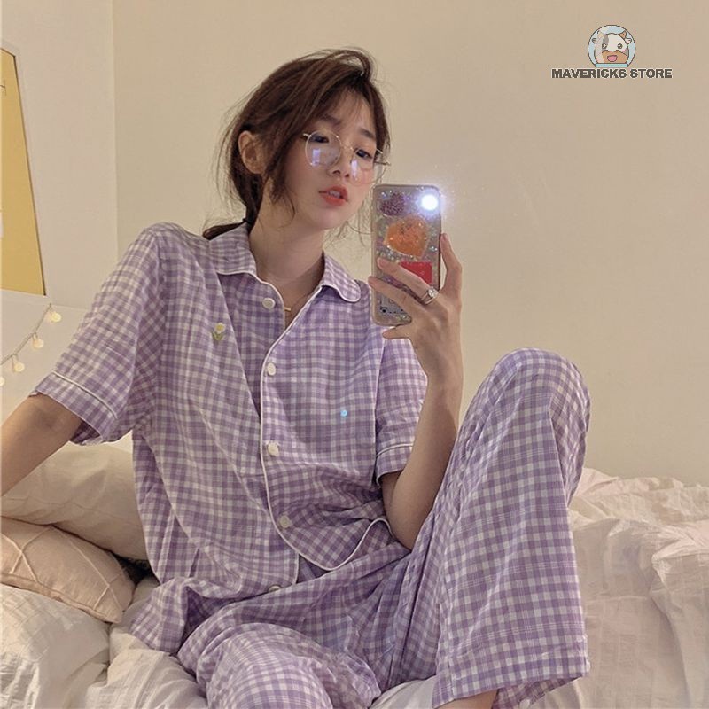 Bộ đồ ngủ ngắn tay hoa văn kẻ ô thiết kế dễ thương phong cách Hàn Quốc cho nữ