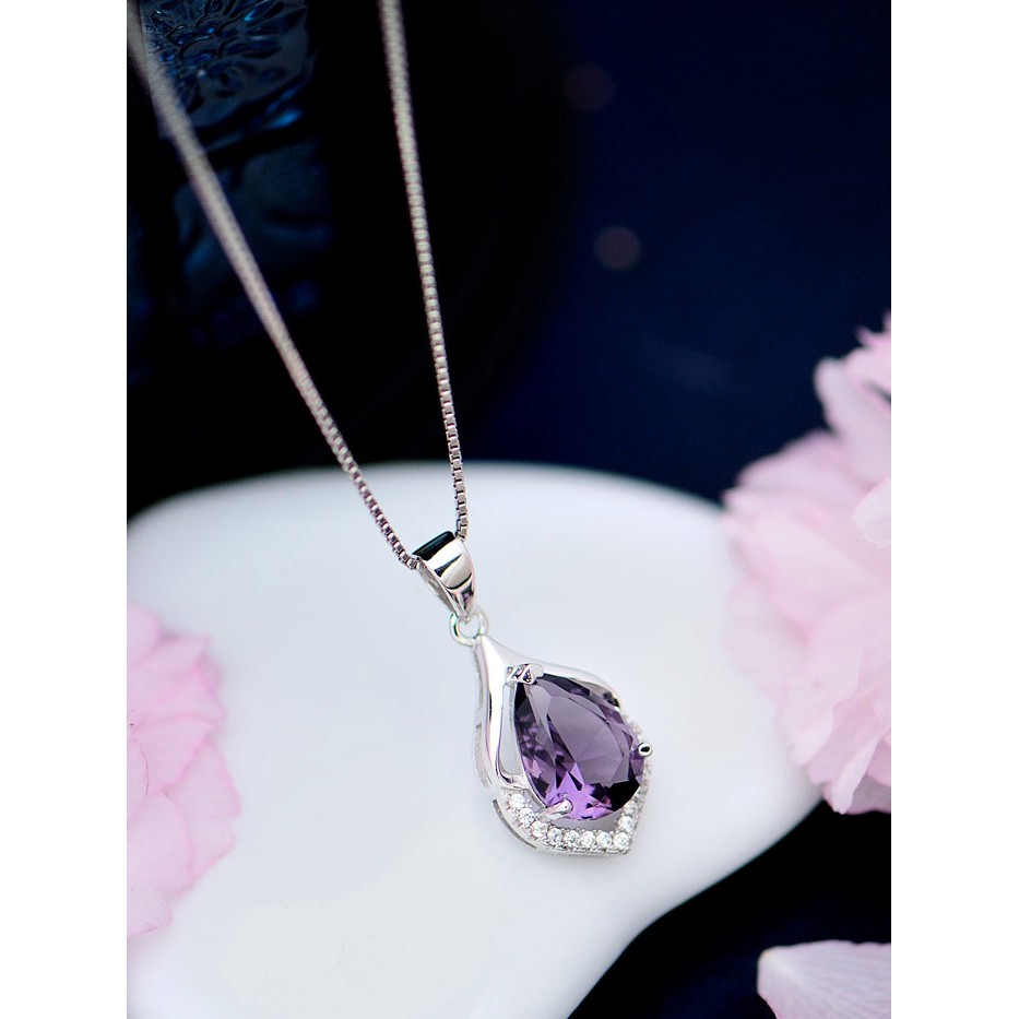 Vòng cổ nữ mạ bạc 925 mặt đá thạch anh tím phong cách Âu Mỹ