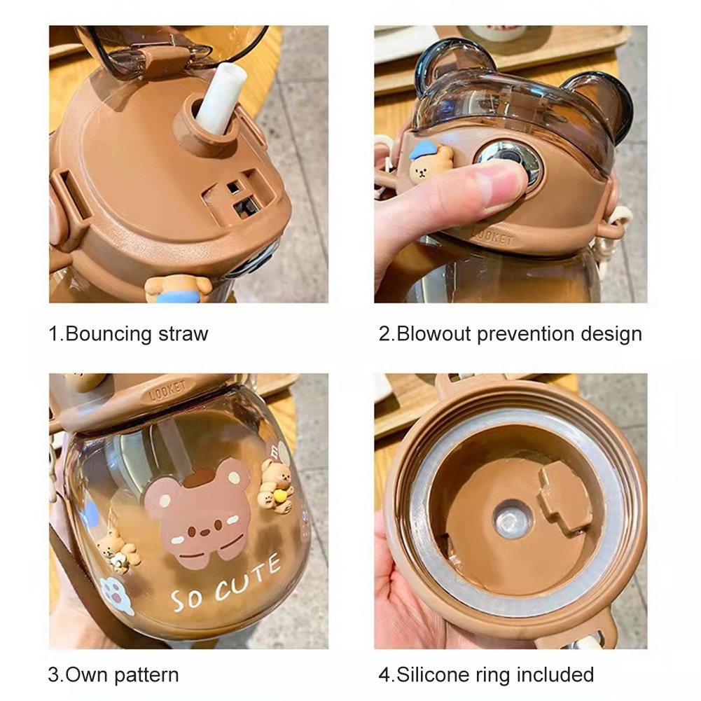 1300ml cartoon bear plastic cup Children's Portable Outdoor Straw Strap Mug Mug Student Cross Belly cup
