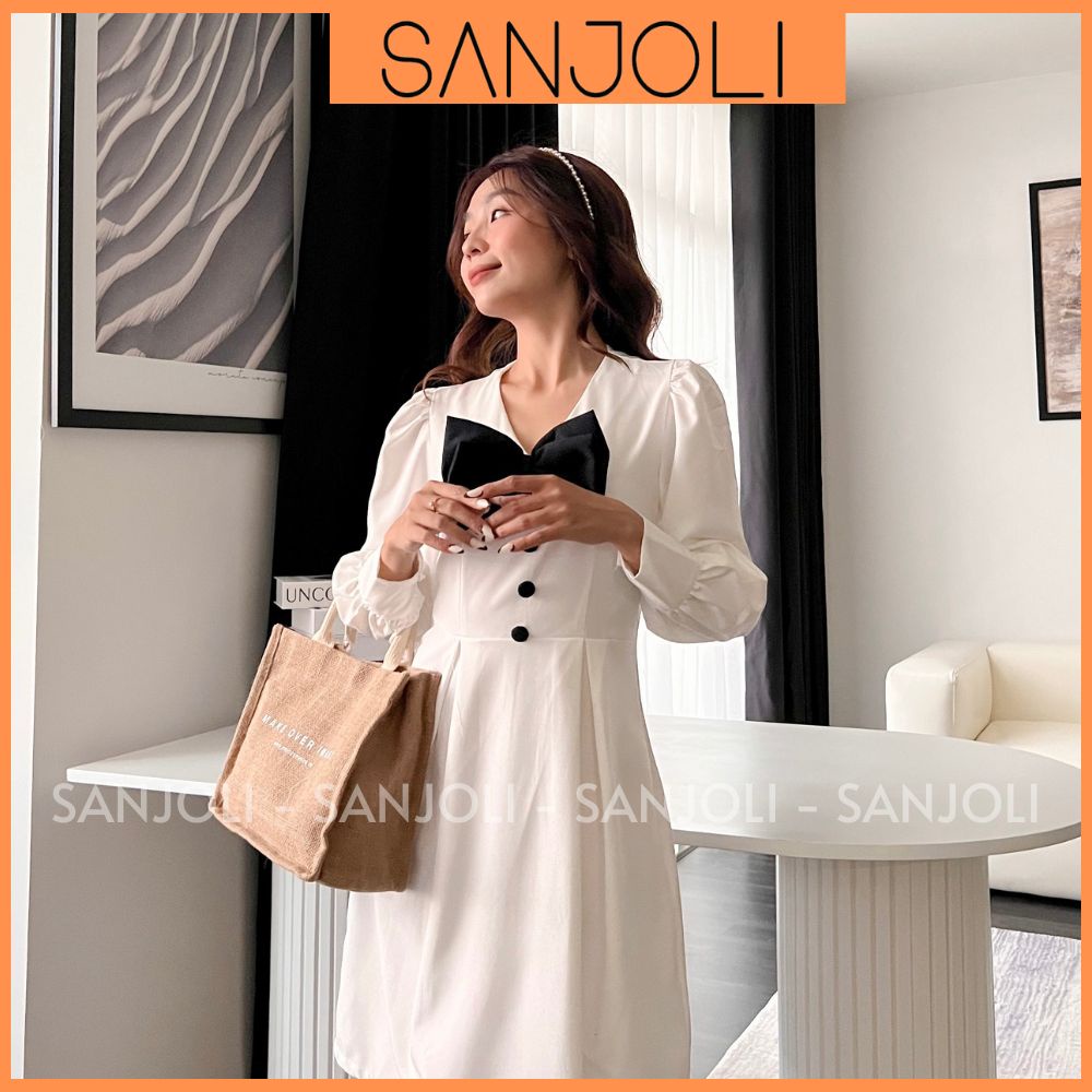 Đầm Dự Tiệc Công Sở Thiết Kế Phối Nơ SANJOLI Váy Tiểu Thư Sang Chảnh Nữ Cao Cấp Dáng Suông Dài Đẹp Vintage VD017