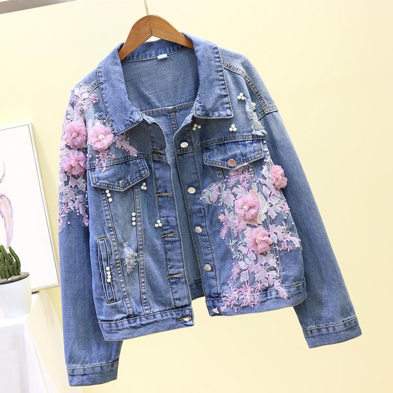 Áo Khoác Denim Ngắn Dáng Rộng Thêu Hoa Phong Cách Hàn Quốc Thời Trang Xuân Thu Năm 2021
