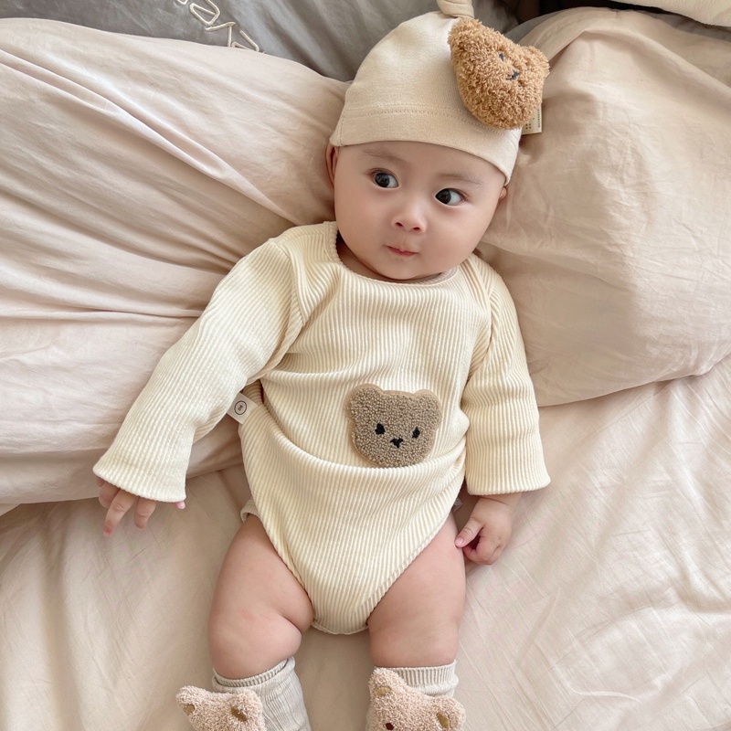 Bộ Áo Liền Quần Tay Dài In Hình Gấu Dễ Thương Cho Bé Sơ Sinh Từ 0-2 Tuổi