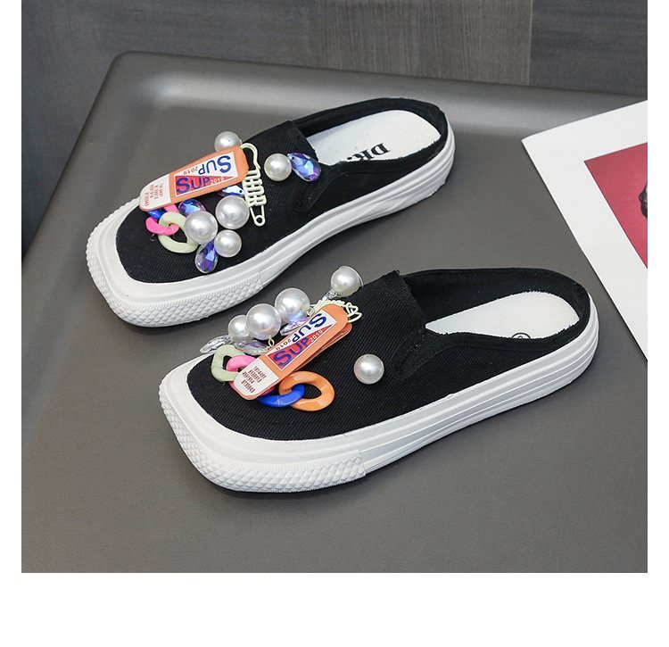 Dép Vải Canvas Đế Bằng Đính Ngọc Trai Dễ Thương | BigBuy360 - bigbuy360.vn