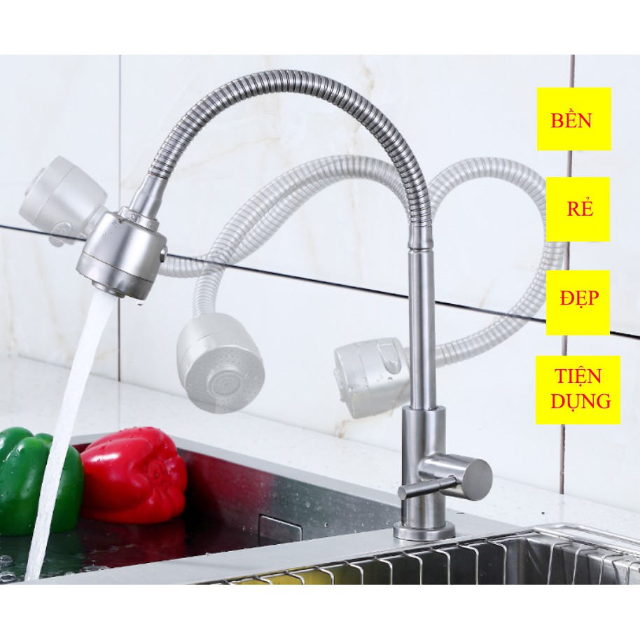 Vòi đơn lạnh chậu rửa bát inox 304 cần mềm hai chế độ nước VRB907 tăng dây cấp nước inox