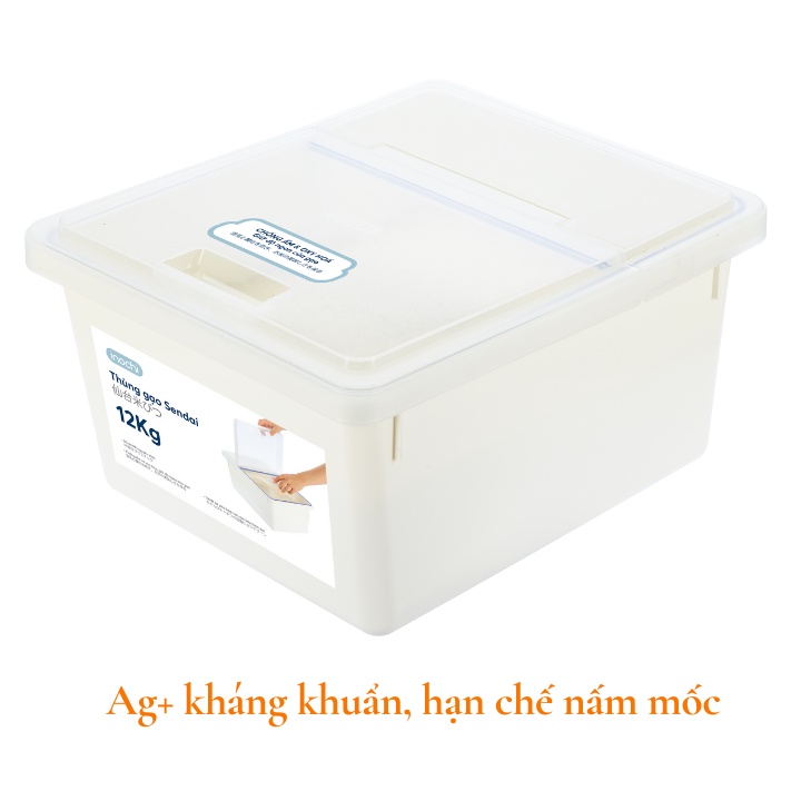 Thùng đựng gạo thông minh 12kg, hộp đựng thực phẩm Nhật Bản Sendai, kháng khuẩn, chống ẩm, mối mọt Vapu HCM